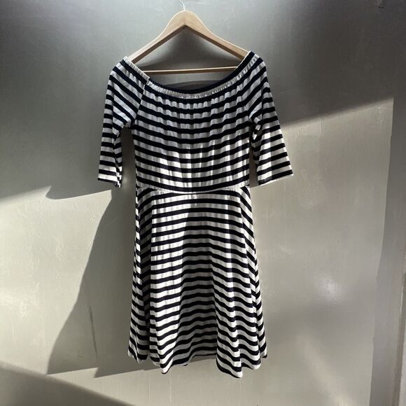 Open Gates Dress Women’s Size Medium Striped Off Shoulder Knee Length Fitnflare - Picture 2 of 9